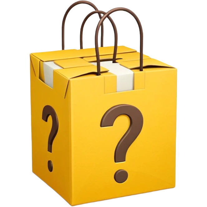 White bag with yellow questions mark cube boxes stuffed in it emoji