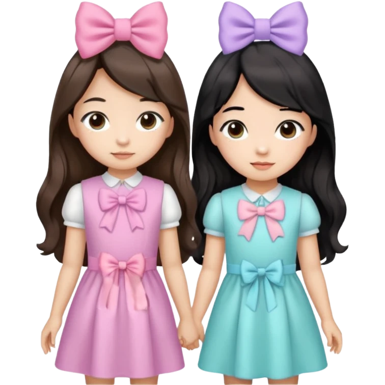 Two girls with bows they’re both Asian but one has wavy brown hair and the other has really long straight hair emoji