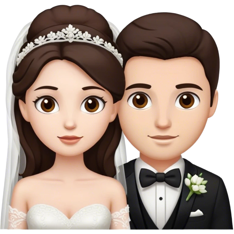 Wedding couple, groom fair skin with dark brown hair and dark brown eyes, bright with white skin brown hair and brown eyes emoji