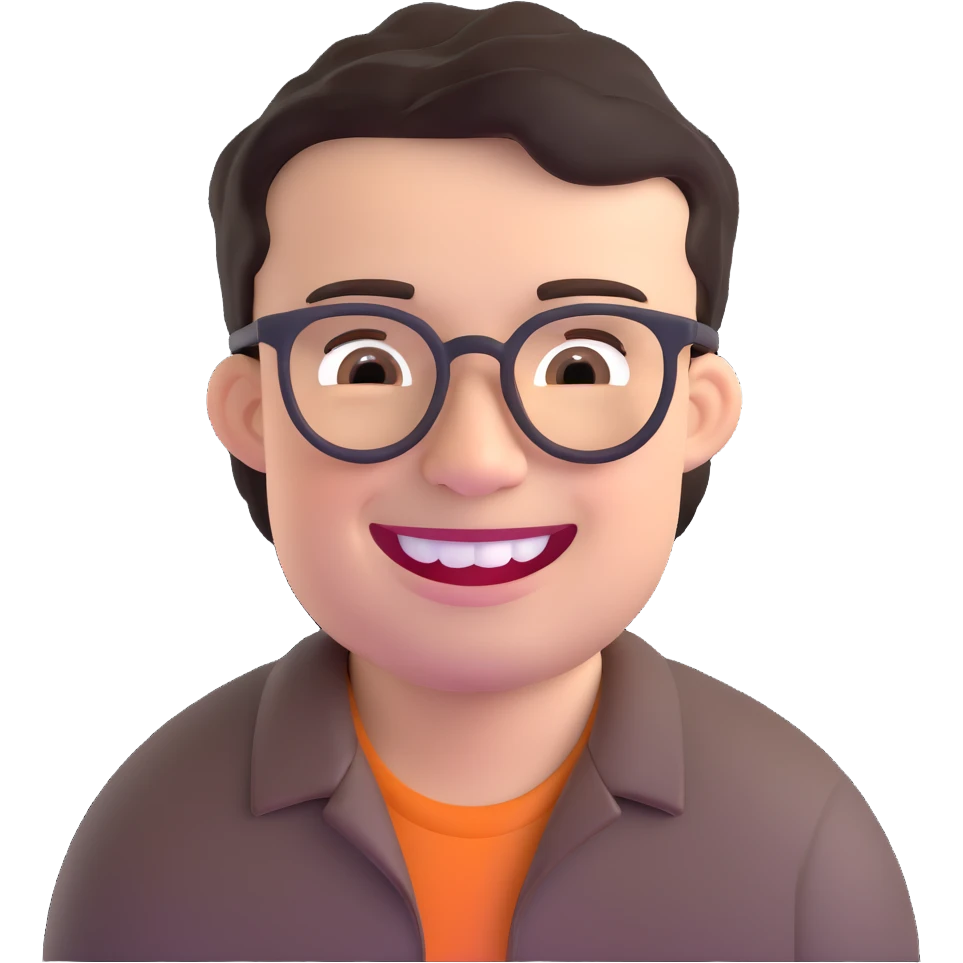 smiling dark-haired man with glasses, big teeth, standard male haircut, rural farmer emoji