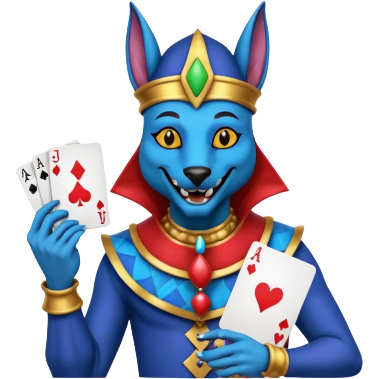 crazy colorful anubi jolly joker from poker, medieval, vintage, court jester, mac os icon, blue color, holds a single poker card on the right paw emoji