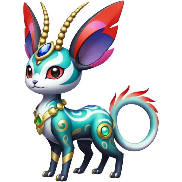 Shiny Horned Antenna’d Colorful Futuristic Ornate Oriental Painted Asian Fae-Vernid-Trico-Meloetta-Latias-Koraidon-Peppercat-Protogen-Pokémon-Digimon-Fakémon-fusion-hybrid-creature emoji