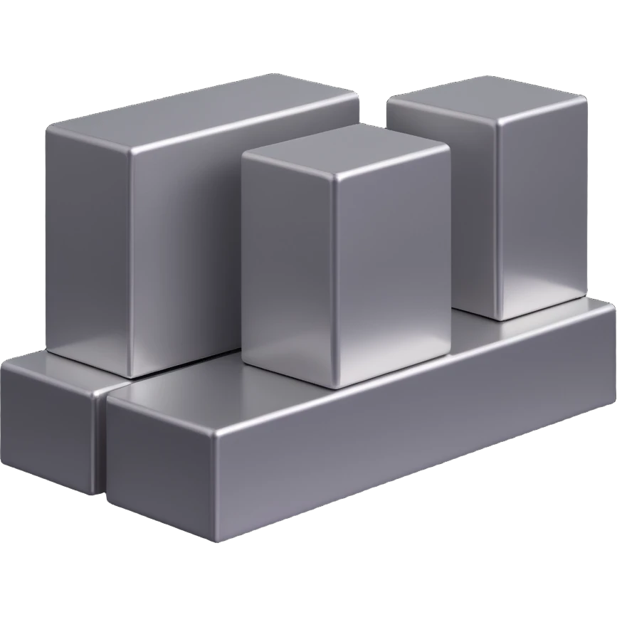 three long steel blocks, two on the bottom and one on top, 3D perspective, metallic shine, rectangular shape emoji