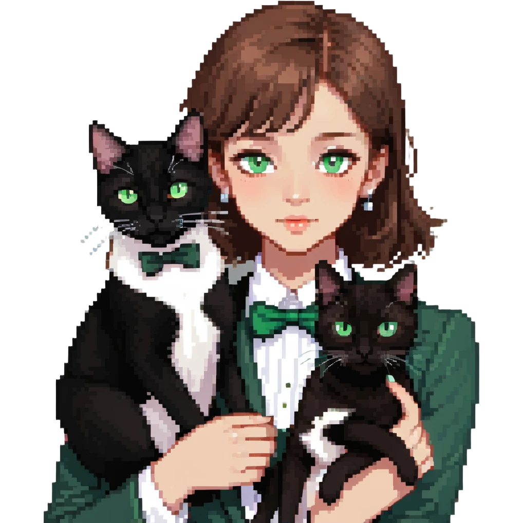 brown haired girl with light tan skin and brown eyes holding a black Bombay cat with green eyes and a black and white Tuxedo cat with hazel eyes emoji