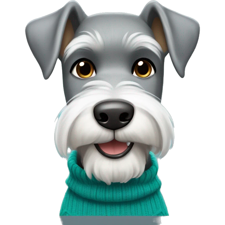 Grey and white schnauzer with dark brown eyes smiling, wearing in a teal sweater emoji