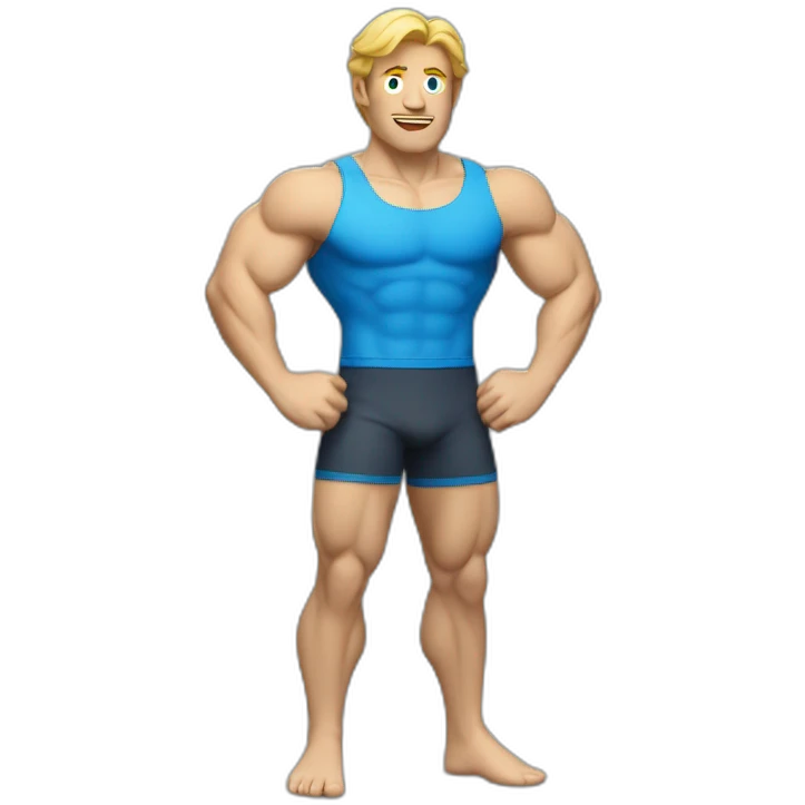 Muscular mid-fifties white man with blond hair in short blue trunks emoji