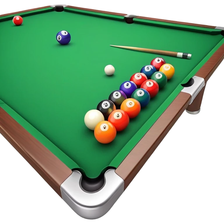 A close-up of a billiard table with a cue stick lined up to strike a colorful set of balls. The focus is on the precision of the shot, with the table’s green surface and the triangular arrangement of balls, creating a dynamic scene of strategy and concentration in the game of billiards. emoji