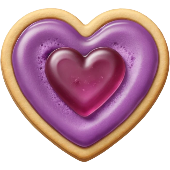 Realistic shortbread cookie in the shape of a heart with mauve jelly middle filling and sprinkled powder sugar on top. emoji