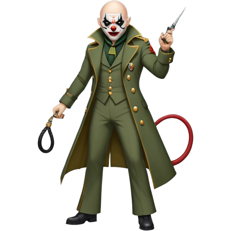 evil clown, bald, black horns on forehead, fangs, pointed ears, eye patch over one eye, long coat over black and military green leisure suit with bellbottom pants, tail, holding a different style of whip, realistically proportioned, less bulky, full body, battle-ready, fighting posture emoji