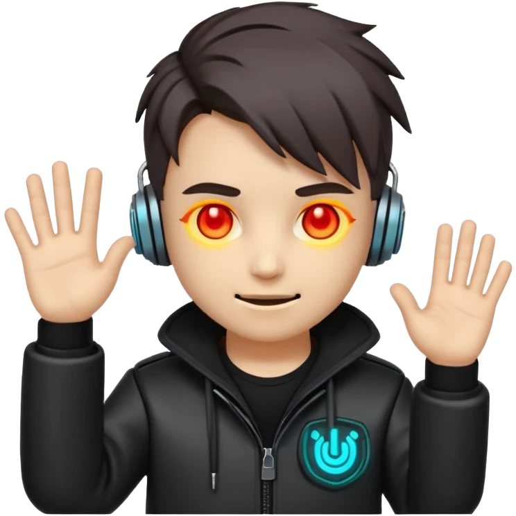 Chibi cyberpunk hacker emoji with glowing eyes, shaking head “no” and waving stop hand, friendly anti-scam message, text “NO SCAMS”, smooth looping animated sticker, bright neon colors, transparent background, Discord emoji style. emoji