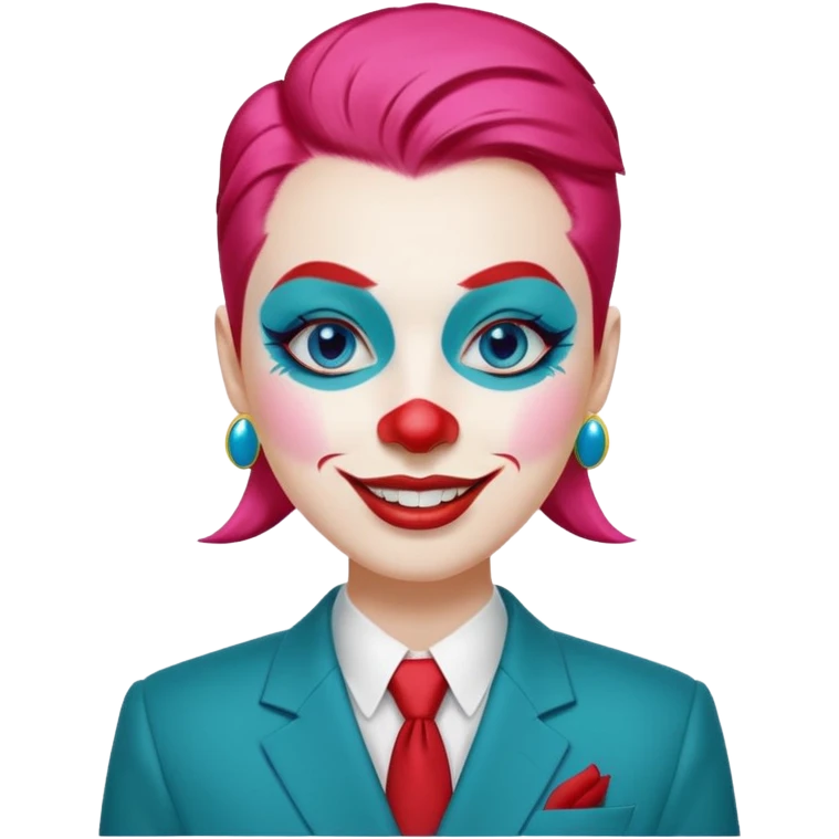 Pink slicked-back hair.

White face paint with blue eyebrows and eye makeup.

Big red nose and wide smile with red lipstick.

Wearing a teal suit with a yellow shirt and red buttons. emoji