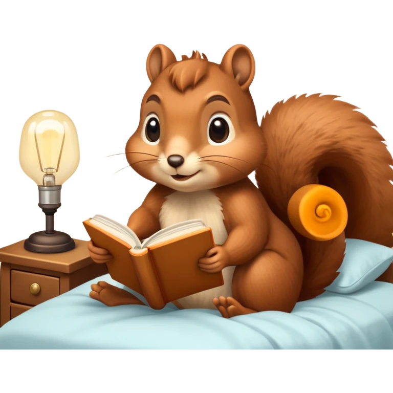 squirrel reading in bed with retro light lamp emoji