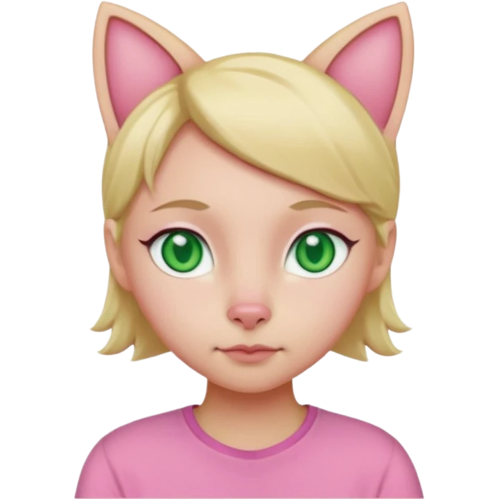 Squareded Ears Pink Skin Green Eyes Cat Shaped Pupils Heart Shaped Forehead Blonde Haired Pink Shirt  emoji