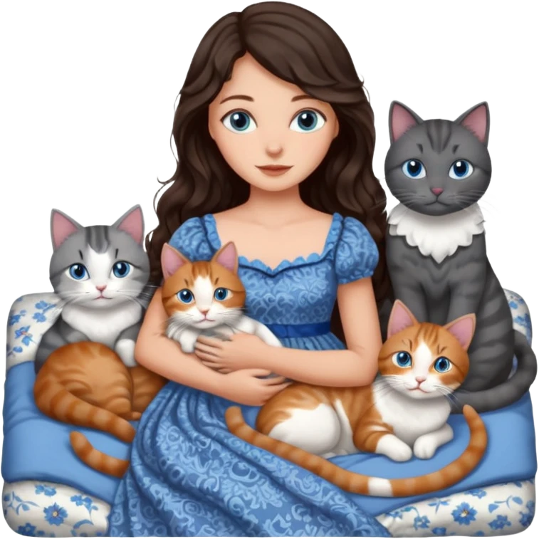 detailed realistic looking a dark grey and white cat regally laying with six other cats, cuddling with their owner in bed who is a pretty bratz lightly tanned white girl with long dark brown hair, blue eyes and gorgeous long wavy hair wearing a pretty detailed dress emoji