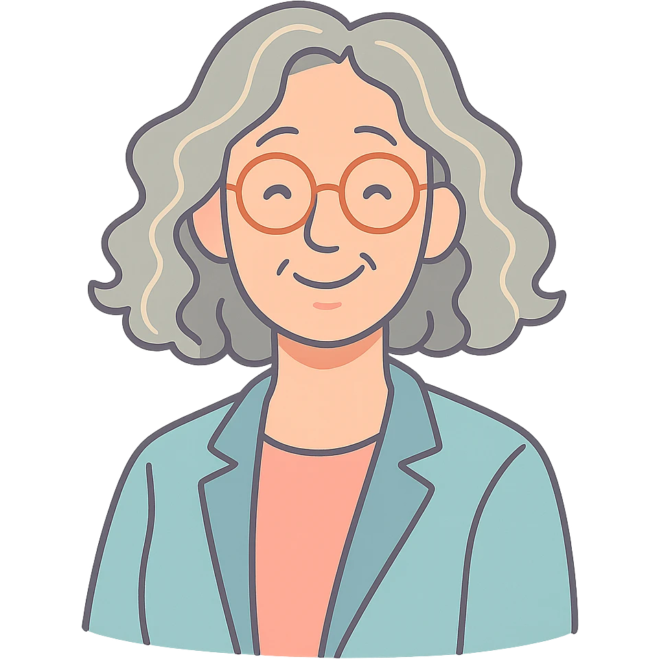 portrait of a wise, friendly woman with natural waves, gentle smile, professional yet approachable, soft pastel palette emoji