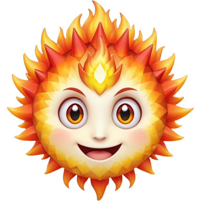 spiky mineral rock characterA single spiky crystal rock character, compact and round with many chunky flame-like spikes, glowing red–orange–yellow gradient like fire, faceted crystal texture, cute face with big shiny eyes and excited smile,

 emoji