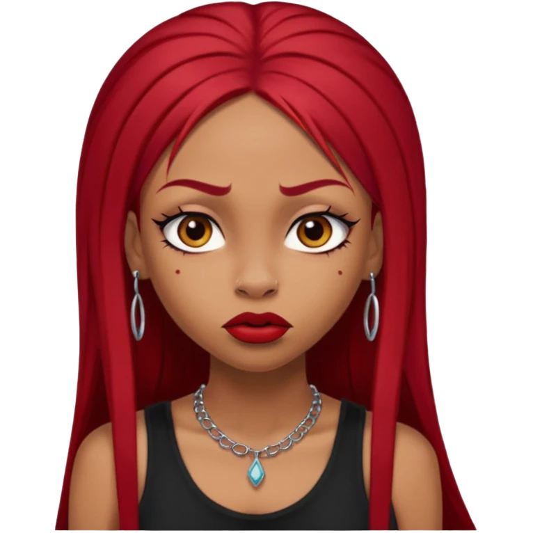 light-skinned black girl with very long eyelashes with long strait dark red hair with edges wearing a black top with no sleeves. and a red accessory on her head with nose and mouth piercings and is a baddie and looks like a bad girl. emoji