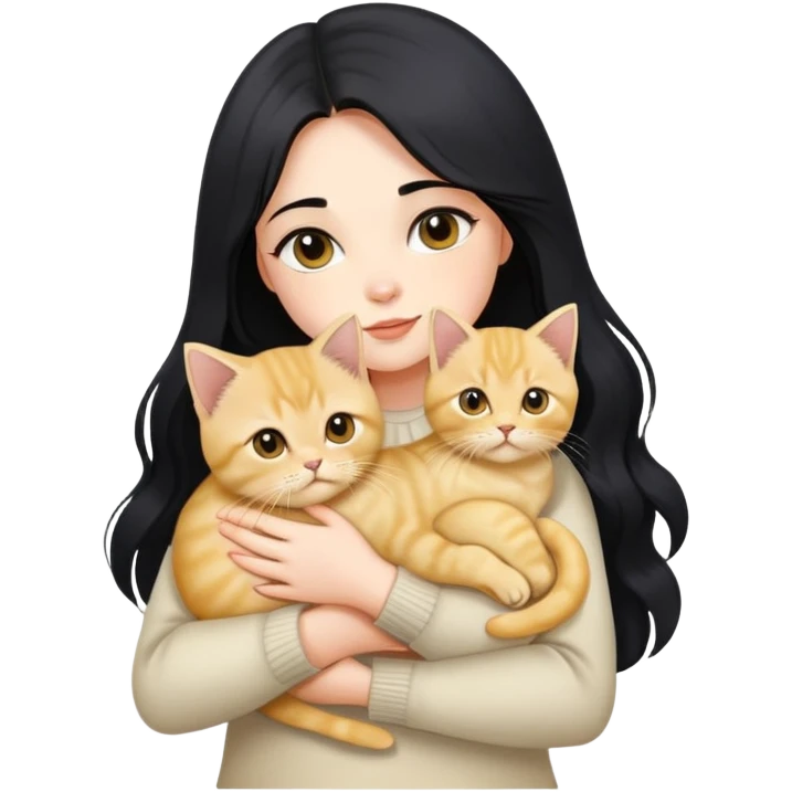 Beautiful girl with long black hair holding a cute golden British shorthair kitten in her arms emoji