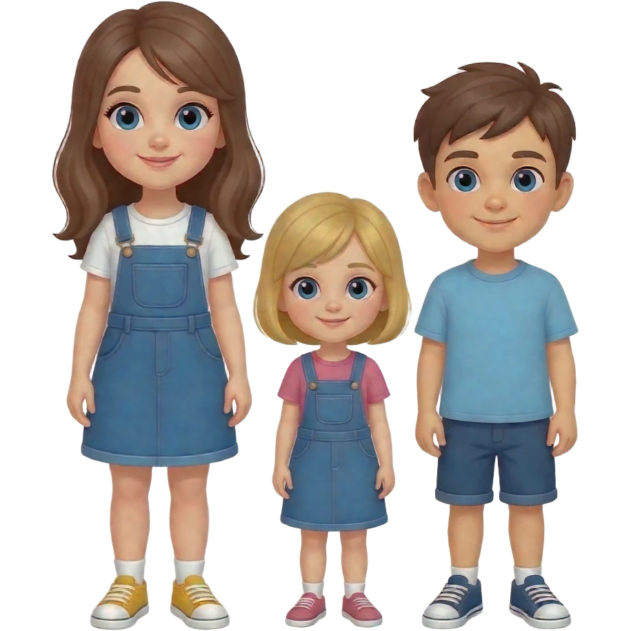 ein mädchen mit braunen langen haaren das neben einem kleineren mädchen mit blonden kurzen haaren steht. ein junge mit braunen kurzen haaren steht neben dem mädchen mit blonden haaren. der junge ist kleiner als das mädchen mit blonden haaren emoji