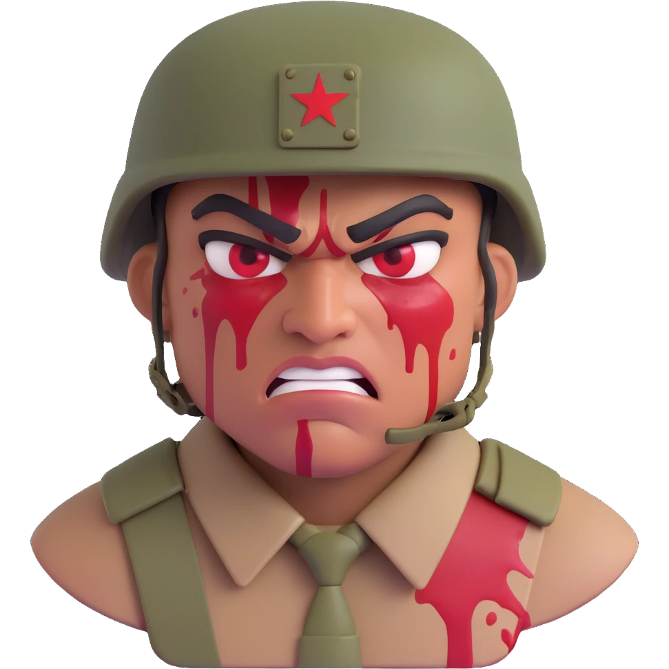 soldier with red skin tone, angry face, blood splatter on left cheek emoji