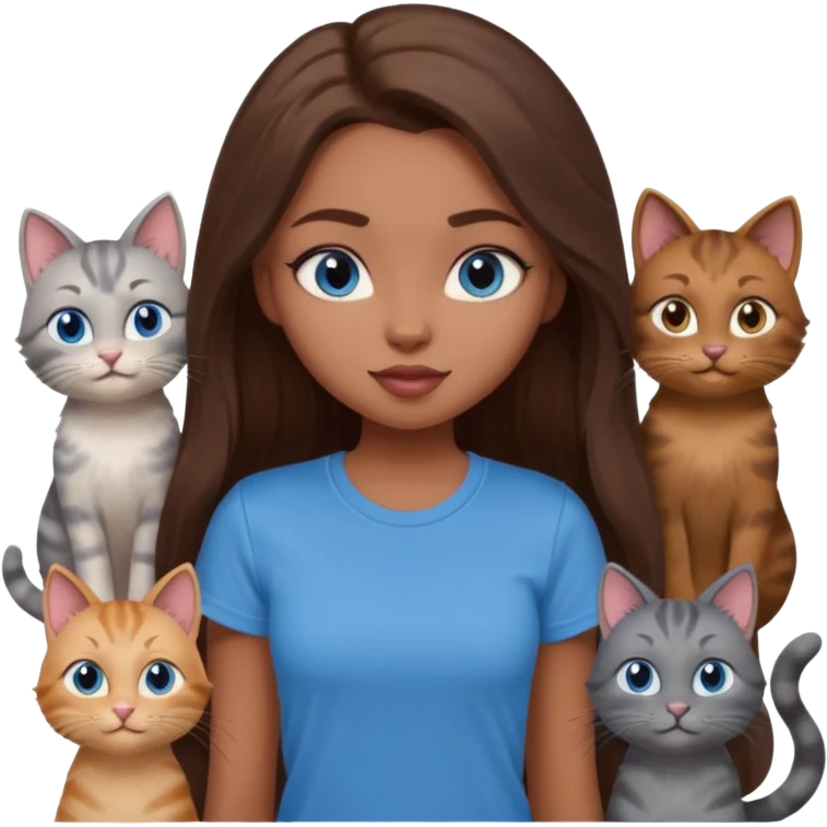 a pretty bratz dusky girl with long brown hair, blue eyes with six cats nd wearing a grey tshirt emoji