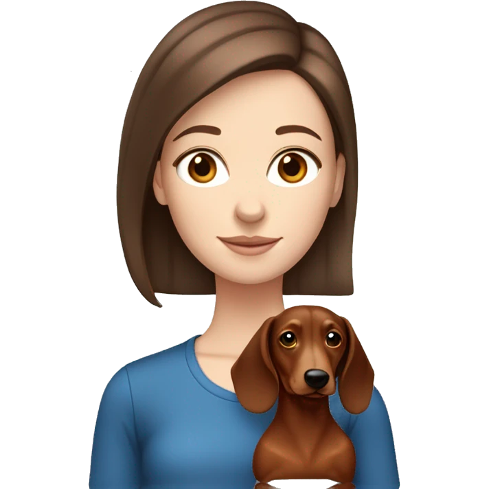 White girl with straight brown hair and blue eyes holding a red dachshund  emoji