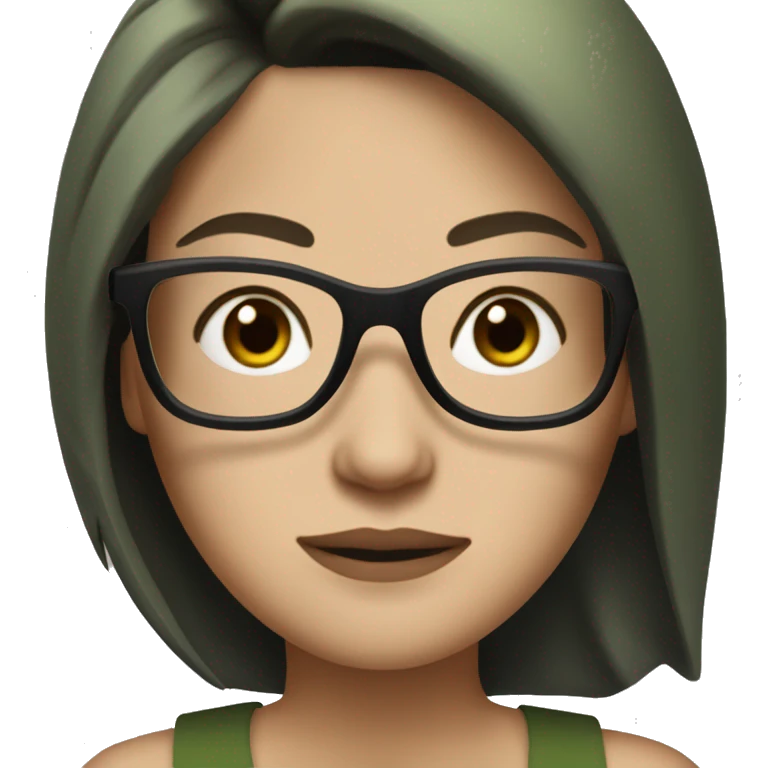 white skined woman with black straight hair with a olive green tank top with glasses tortoise  emoji