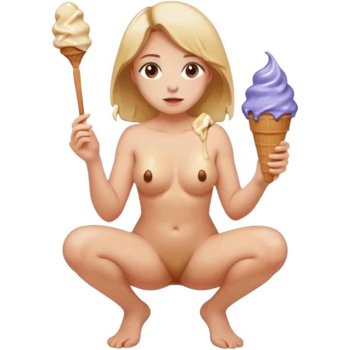 women squatting, full body naked showing brown icecream under her emoji