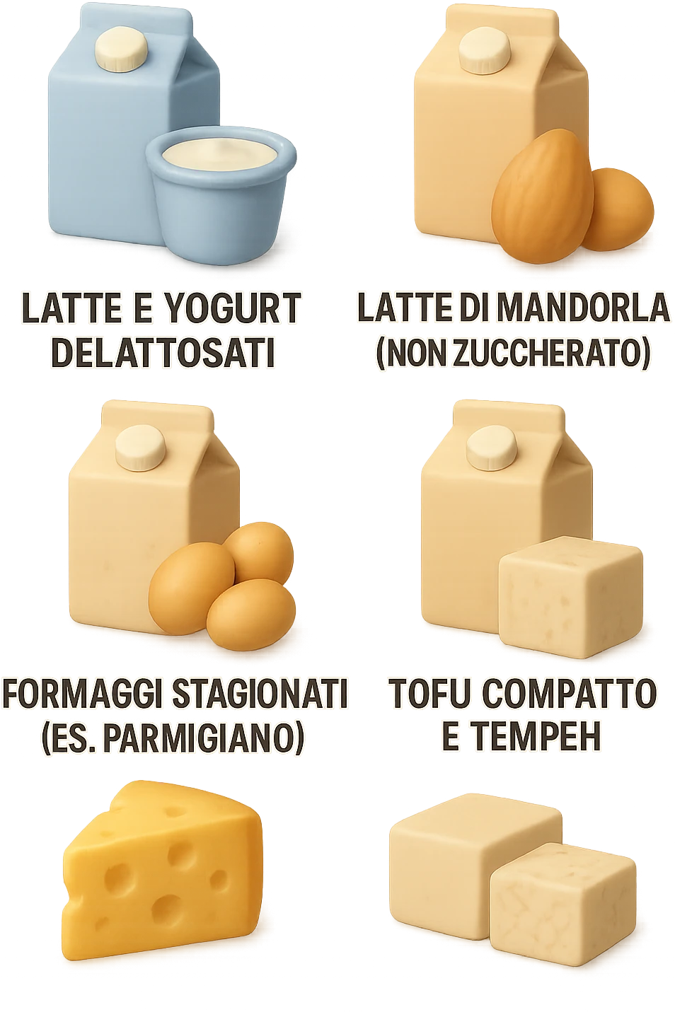 emoji stile iphone 3d di questi elementi che fluttuano in aria:

Latte e yogurt delattosati
Latte di mandorla (non zuccherato)
Latte di soia da proteine isolate
Formaggi stagionati (es. parmigiano)
Tofu compatto e tempeh
 che fluttuano in aria,  le etichette scrivile in italiano, iperealistico 4k emoji