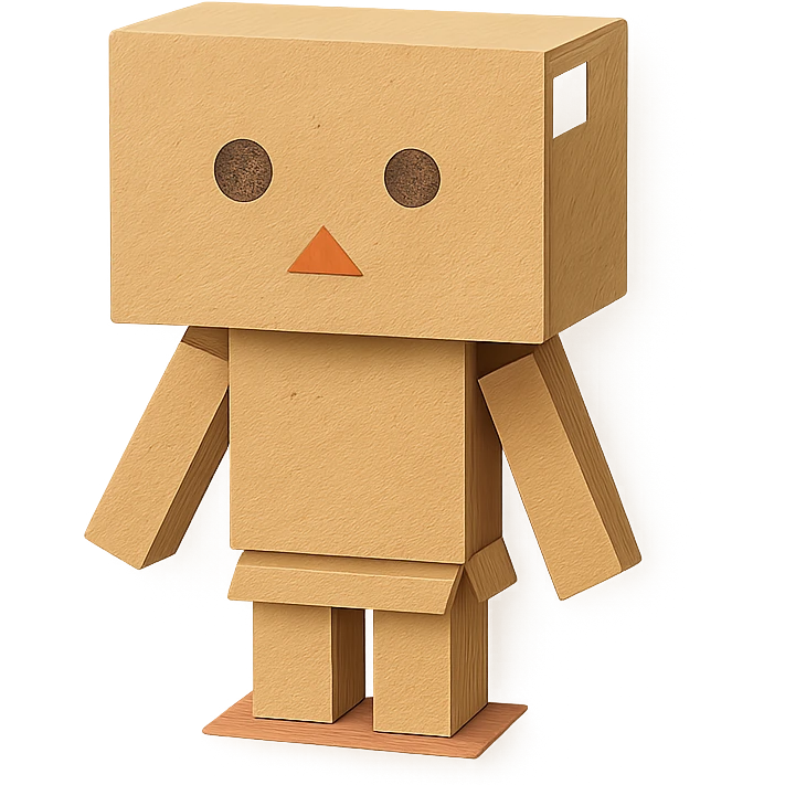Danbo, the cardboard robot, in a softly lit room with wooden floor, cartoonish style, clean lines, pastel palette, cozy and nostalgic mood emoji