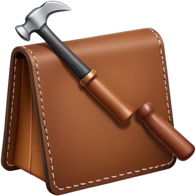 Leatherworking icon, leather piece with visible stitching, hammer and chisel, leather tools, textured surface, minimalistic style, clean lines, transparent background. emoji