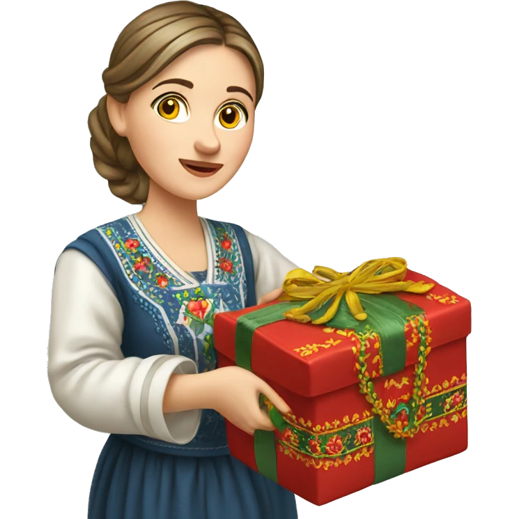 A female teacher in Ukrainian embroidery holds a gift in her hand emoji