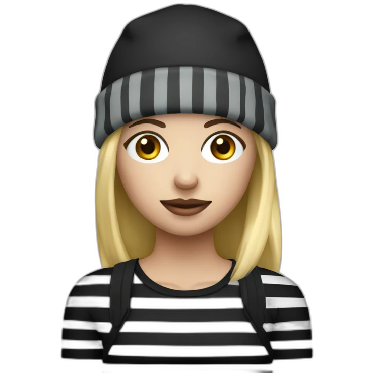 bank robber blonde woman with black beanie hat eye mask and striped shirt emoji