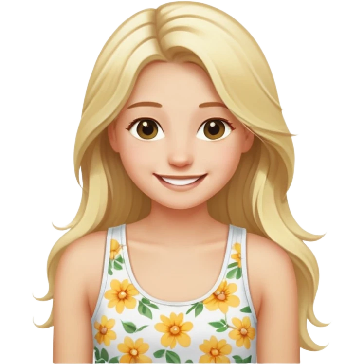 blonde girl with long hair smiling with white floral tank top emoji