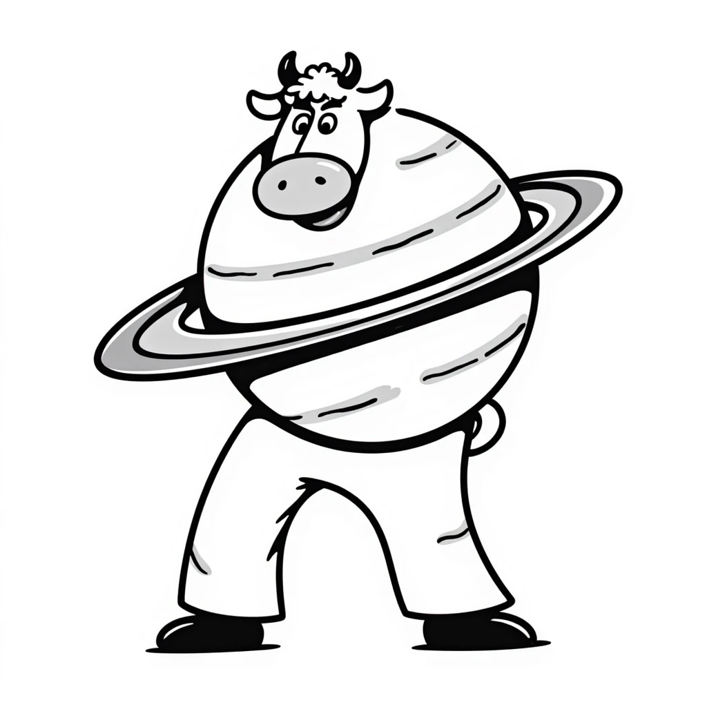 a cow with the body of the planet Saturn with visible rings and gigantic human feet, illustrative style emoji