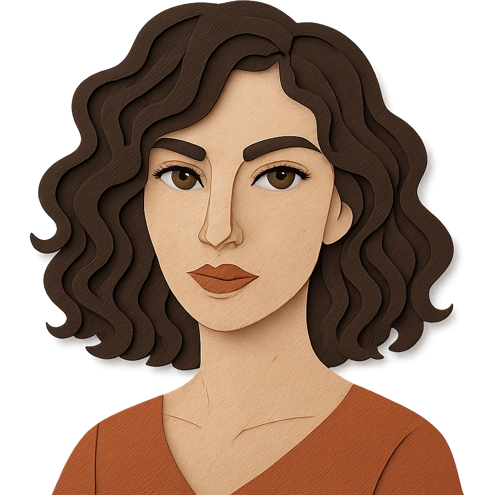paper craft style portrait of a woman with wavy dark brown hair and green eyes emoji