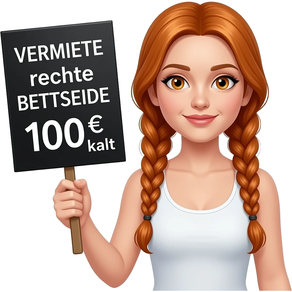 sexy girl with long ginger braids and ginger eyes wearing a white tanktop is holding a black sign with VERMIETE rechte BETTSEITE 100€ kalt written on it emoji