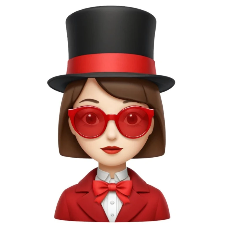 3D apple-style emoji of a whimsical character inspired by the uploaded photo, simplified shapes, cartoon-like look, glossy finish, soft shadows, white background, tall top hat with ribbon, large round white sunglasses, short brown bob haircut, elegant collar, red coat, playful and iconic emoji