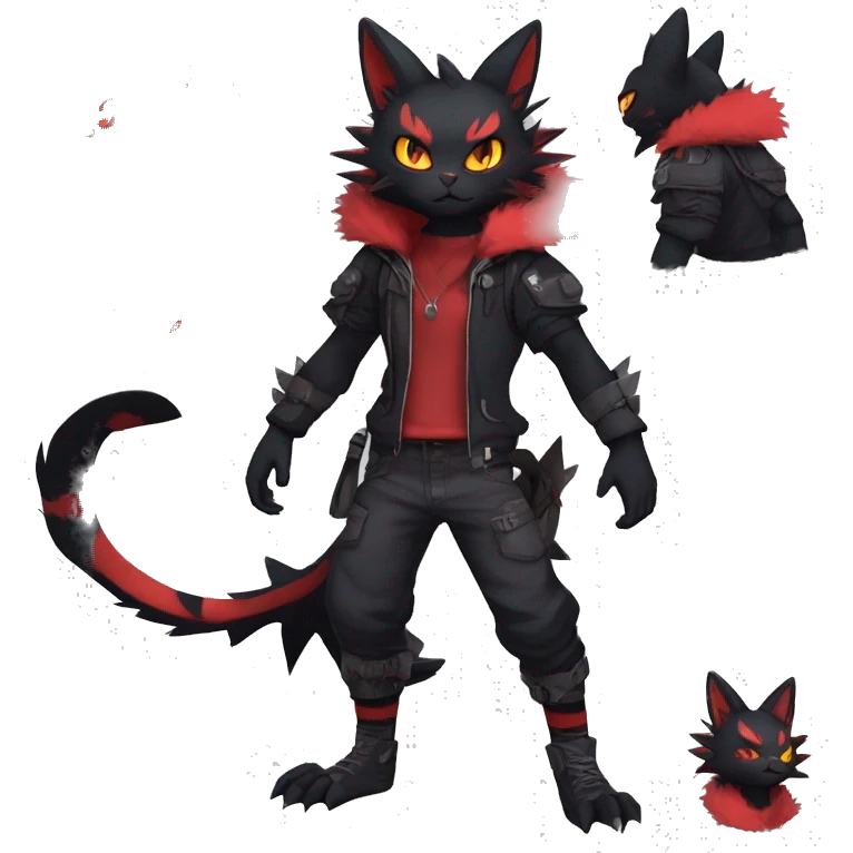 Black Anthro Cool Punk Noibat-Litten-Fakemon-fursona with fangs and red markings Full Body emoji