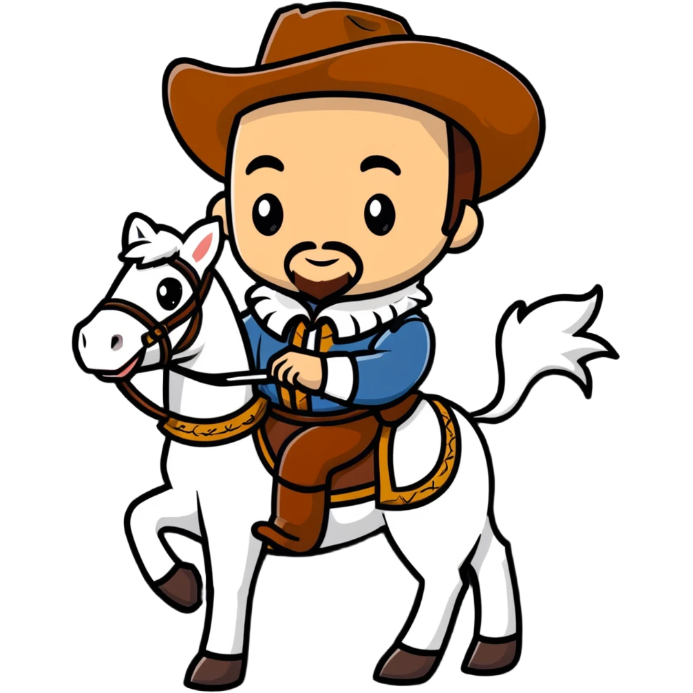 Cowboy Shakespeare with ruff collar and quill pen on a horse emoji