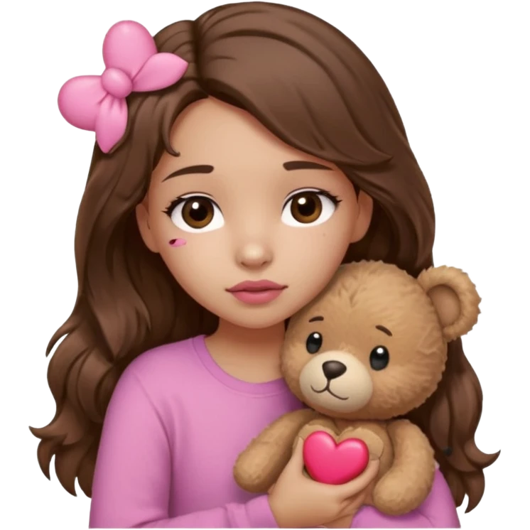 girl with long wavy brown hair, brown eyes, light to medium complexion, in a pink shirt, pink lips, long lashes, sad, hugging squeezing a teddy bear with heart band aid emoji