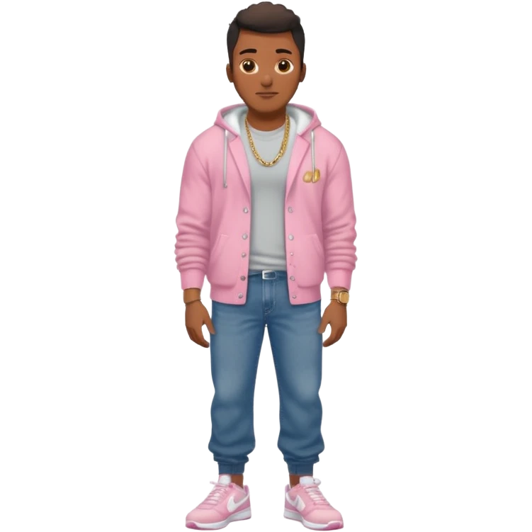 Handsome Black guy with brown skin tone, with muscular build, wearing baggy dark denim jeans, a white t-shirt, pink and gray fuzzy cardigan, white Nike sneakers, a gold watch, and a dainty chain emoji
