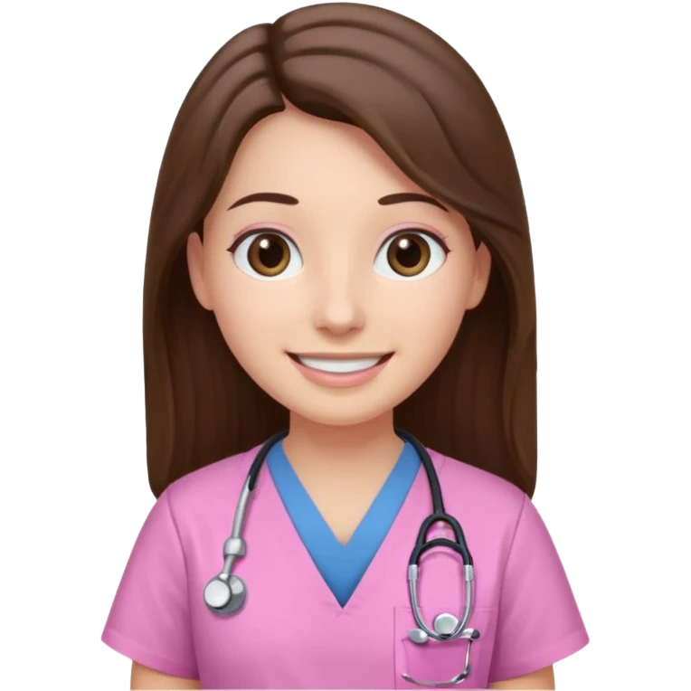 doctor, pink, she, hair brown, eyes black, scrub pink, white skin, longlong hair, smile emoji