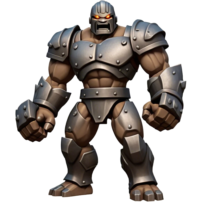 Cinematic Fierce Mighty Iron Golem Portrait Emoji Depicted mid-action in a dynamic, battle-ready stance, massive fists clenched, the ancient metallic plates along its form shifting with raw power. Its eyes blaze like molten fire within a carved, rune-etched face, exuding both divine purpose and mechanical precision. Weathered steel and dark bronze tones are accented by glowing, arcane inscriptions, each detail meticulously crafted with lifelike metallic reflections. High shine, imposing yet regal, styled with an air of indestructible might, soft glowing outline, capturing the essence of an unstoppable colossus that looks ready to charge forth with a thunderous step! emoji