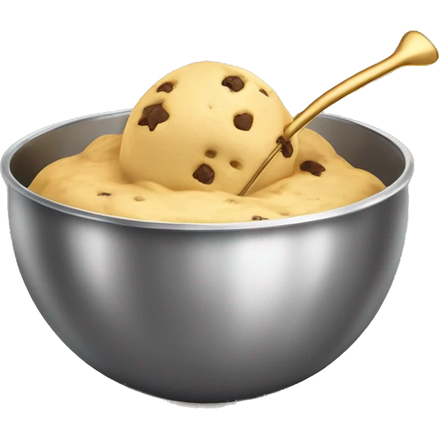 Realistic gold mixing bowl of cookie dough and with gold wisk in the bowl with it. emoji