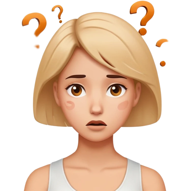 Confused woman with tilted head and question marks circling around her emoji