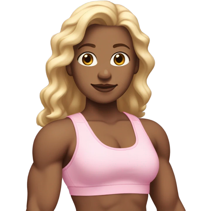 White woman, light skin, long hair, blonde hair, wavy hair, baby pink sports bra, baby pink leggings, flexing one arm emoji