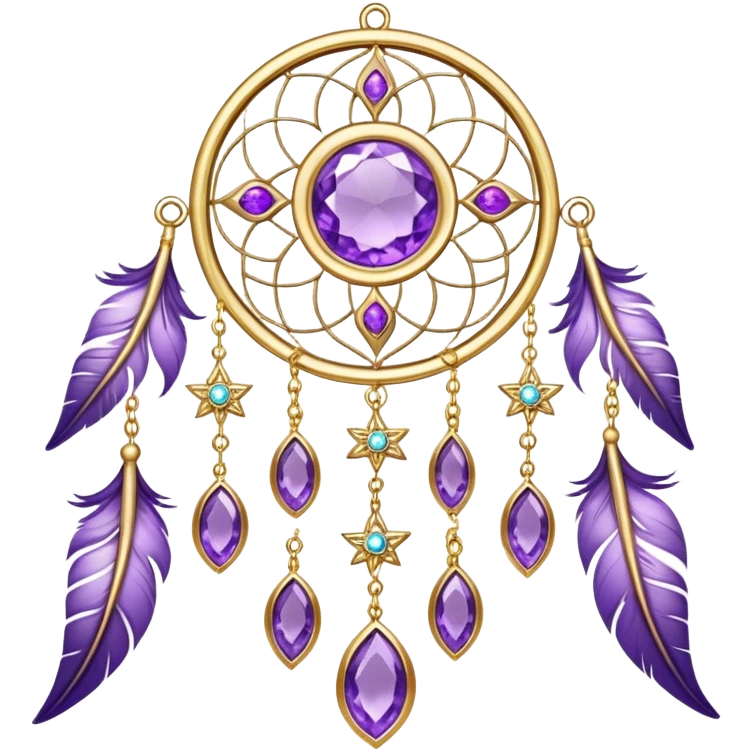 Epic beautiful gorgeous cute gold suncatcher, threads with shiny sparkly amethyst gemstones, flowers, crescents-moons, stars, violet Feathers  emoji