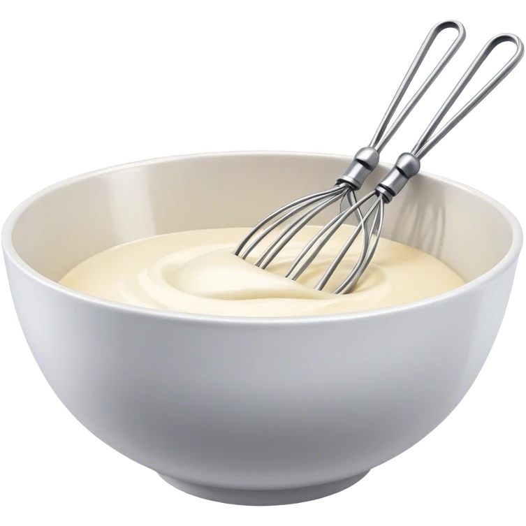 Cinematic Realistic Whisk & Mixing Bowl, a well-used metal whisk resting in a smooth ceramic mixing bowl, light reflecting off the whisk’s polished surface, subtle smears of batter along the rim, glowing with a sense of warmth and creativity. emoji