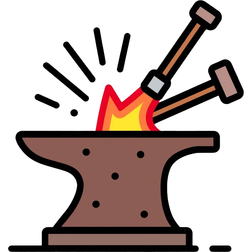 Blacksmithing icon, forged metal piece being shaped with hammer and anvil, glowing red-hot metal, blacksmith tools like tongs and chisel, sparks flying, minimalistic style, clean lines emoji